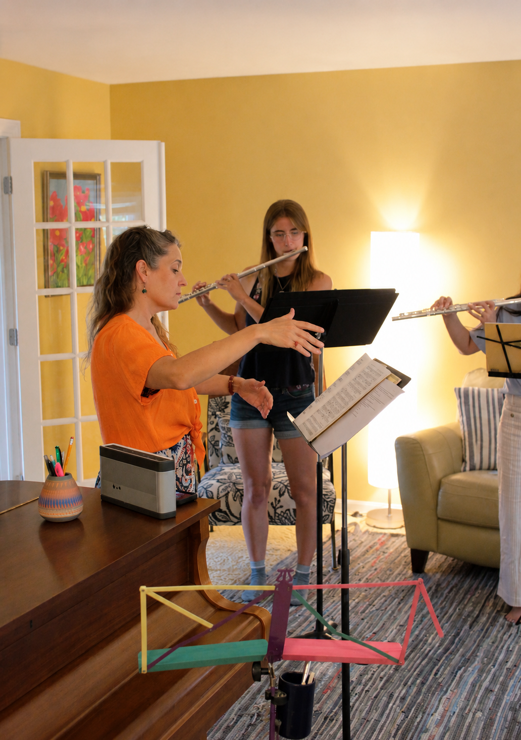 Abigail Walsh leading a small group of flutists in a studio session.
